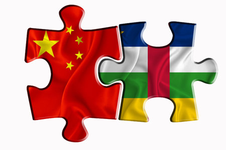 Central African Republic flag and China of America flag on two puzzle pieces on white isolated background. The concept of political relations. 3D renderingの写真素材