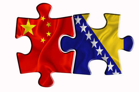 bosnia and herzegovina flag and China of America flag on two puzzle pieces on white isolated background. The concept of political relations. 3D renderingの写真素材