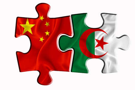 Algeria flag and China of America flag on two puzzle pieces on white isolated background. The concept of political relations. 3D renderingの写真素材