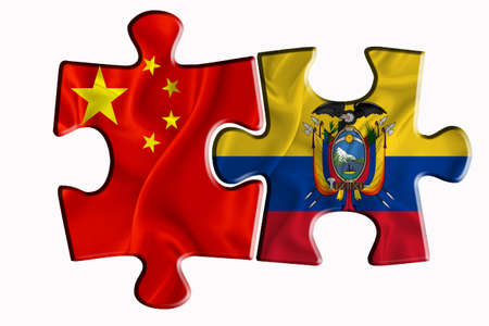 ecuador flag and China of America flag on two puzzle pieces on white isolated background. The concept of political relations. 3D renderingの写真素材
