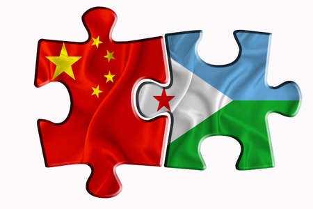 Djibouti flag and China of America flag on two puzzle pieces on white isolated background. The concept of political relations. 3D renderingの写真素材