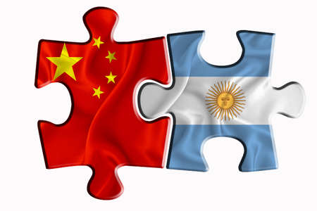 Argentina flag and China of America flag on two puzzle pieces on white isolated background. The concept of political relations. 3D renderingの写真素材