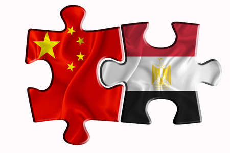 Egypt flag and China of America flag on two puzzle pieces on white isolated background. The concept of political relations. 3D renderingの写真素材