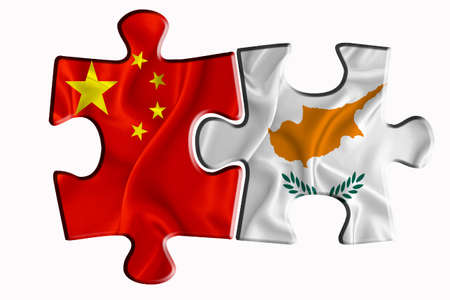 Cyprus flag and China of America flag on two puzzle pieces on white isolated background. The concept of political relations. 3D renderingの写真素材