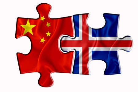 Iceland flag and China of America flag on two puzzle pieces on white isolated background. The concept of political relations. 3D renderingの写真素材