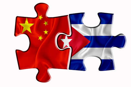 Cuba flag and China of America flag on two puzzle pieces on white isolated background. The concept of political relations. 3D renderingの写真素材