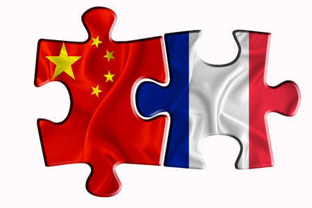 France flag and China of America flag on two puzzle pieces on white isolated background. The concept of political relations. 3D renderingの写真素材
