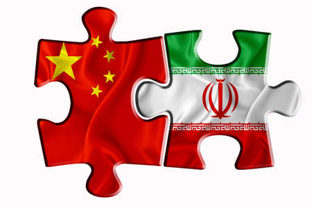 Iran flag and China of America flag on two puzzle pieces on white isolated background. The concept of political relations. 3D renderingの写真素材
