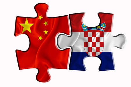 Croatia flag and China of America flag on two puzzle pieces on white isolated background. The concept of political relations. 3D renderingの写真素材