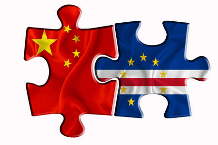 Cabo Verde flag and China of America flag on two puzzle pieces on white isolated background. The concept of political relations. 3D renderingの写真素材