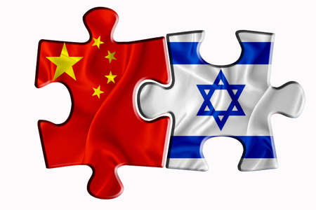 Israel flag and China of America flag on two puzzle pieces on white isolated background. The concept of political relations. 3D renderingの写真素材