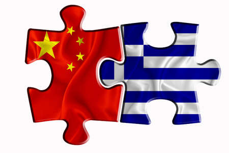 Greece flag and China of America flag on two puzzle pieces on white isolated background. The concept of political relations. 3D renderingの写真素材