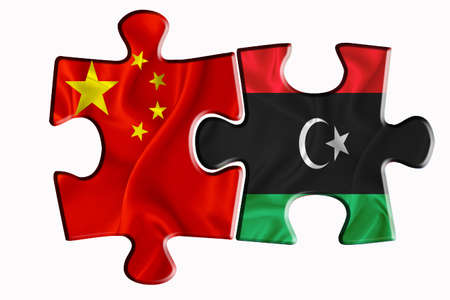 Libya flag and China of America flag on two puzzle pieces on white isolated background. The concept of political relations. 3D renderingの写真素材