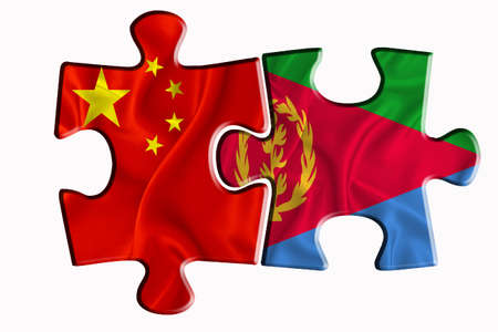 Eritrea flag and China of America flag on two puzzle pieces on white isolated background. The concept of political relations. 3D renderingの写真素材