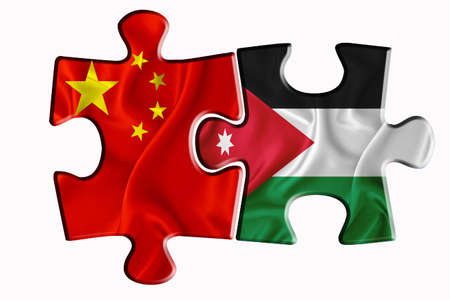 Jordan flag and China of America flag on two puzzle pieces on white isolated background. The concept of political relations. 3D renderingの写真素材