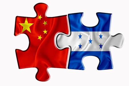 Honduras flag and China of America flag on two puzzle pieces on white isolated background. The concept of political relations. 3D renderingの写真素材