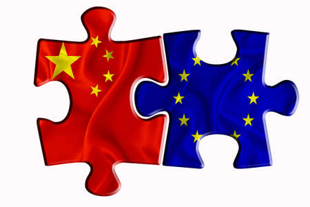 EU flag and China of America flag on two puzzle pieces on white isolated background. The concept of political relations. 3D renderingの写真素材