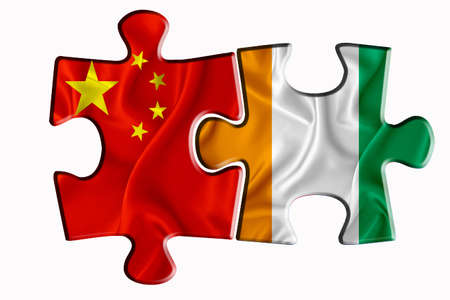 Ireland flag and China of America flag on two puzzle pieces on white isolated background. The concept of political relations. 3D renderingの写真素材