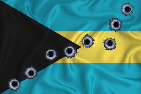 Bahamas flag Close-up shot on waving background texture with bullet holes. The concept of design solutions. 3d renderingの写真素材