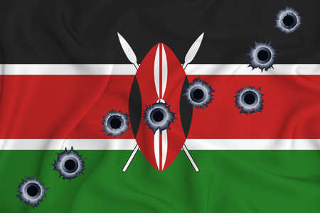 Kenya flag Close-up shot on waving background texture with bullet holes. The concept of design solutions. 3d renderingの写真素材