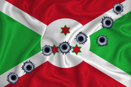 Burundi flag Close-up shot on waving background texture with bullet holes. The concept of design solutions. 3d renderingの写真素材