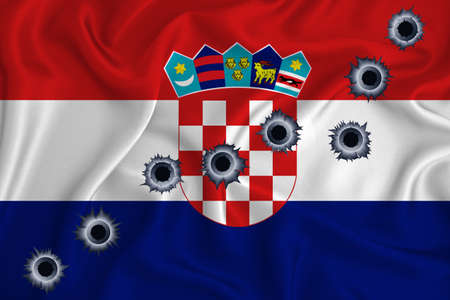 Croatia flag Close-up shot on waving background texture with bullet holes. The concept of design solutions. 3d renderingの写真素材