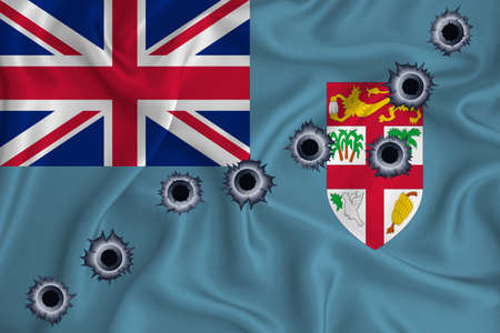 Fiji flag Close-up shot on waving background texture with bullet holes. The concept of design solutions. 3d renderingの素材 [FY310180198034]