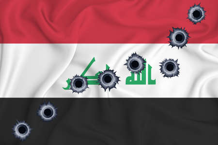 Iraq flag Close-up shot on waving background texture with bullet holes. The concept of design...