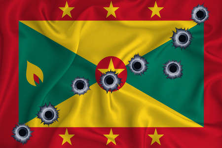 Grenada flag Close-up shot on waving background texture with bullet holes. The concept of design solutions. 3d renderingの写真素材