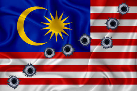 Malaysia flag Close-up shot on waving background texture with bullet holes. The concept of design solutions. 3d renderingの写真素材