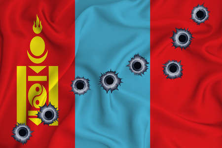 Mongolia flag Close-up shot on waving background texture with bullet holes. The concept of design solutions. 3d renderingの写真素材