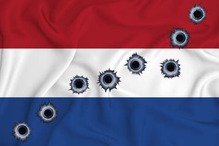 Netherlands flag Close-up shot on waving background texture with bullet holes. The concept of design solutions. 3d renderingの写真素材