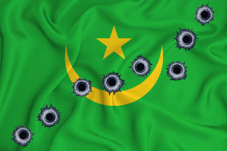 mauritania flag Close-up shot on waving background texture with bullet holes. The concept of design solutions. 3d renderingの写真素材