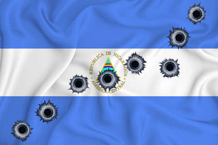 Nicaragua flag Close-up shot on waving background texture with bullet holes. The concept of design solutions. 3d renderingの写真素材