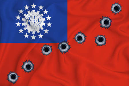 Myanmar flag Close-up shot on waving background texture with bullet holes. The concept of design solutions. 3d renderingの写真素材