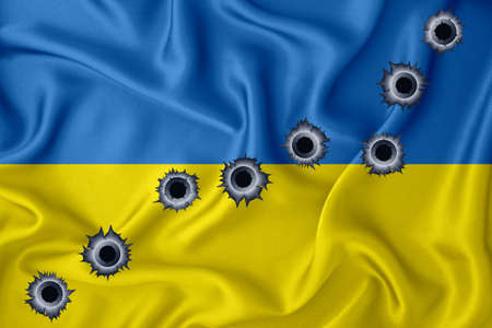 Ukraine flag Close-up shot on waving background texture with bullet holes. The concept of design solutions. 3d renderingの写真素材