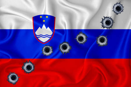 Slovenia flag Close-up shot on waving background texture with bullet holes. The concept of design solutions. 3d renderingの写真素材