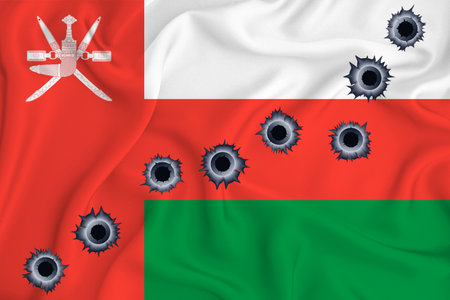 Oman flag Close-up shot on waving background texture with bullet holes. The concept of design solutions. 3d renderingの写真素材
