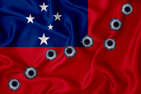 Samoa flag Close-up shot on waving background texture with bullet holes. The concept of design solutions. 3d renderingの写真素材