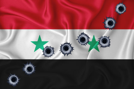 Syria flag Close-up shot on waving background texture with bullet holes. The concept of design solutions. 3d renderingの写真素材