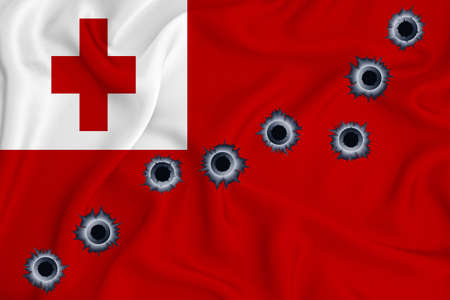 Tonga flag Close-up shot on waving background texture with bullet holes. The concept of design solutions. 3d renderingの写真素材