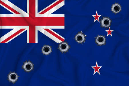 New Zealand flag Close-up shot on waving background texture with bullet holes. The concept of design solutions. 3d renderingの写真素材