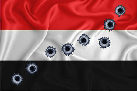 Yemeni flag Close-up shot on waving background texture with bullet holes. The concept of design solutions. 3d renderingの写真素材