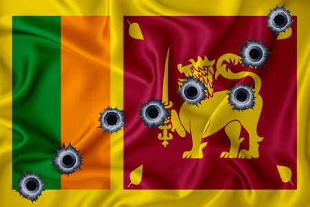 Sri Lanka flag Close-up shot on waving background texture with bullet holes. The concept of design solutions. 3d renderingの写真素材