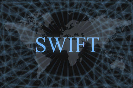 SWIFT inscription "Society for Worldwide Interbank Financial Telecommunications". With web, dark background and world map. Graphic concept for your design.の写真素材