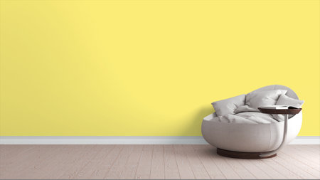 Modern bright interior . 3D rendering . Chair and bookの写真素材
