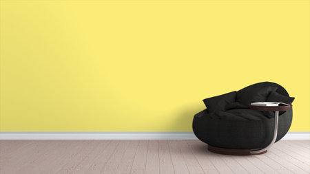 Modern bright interior . 3D rendering . Chair and bookの写真素材