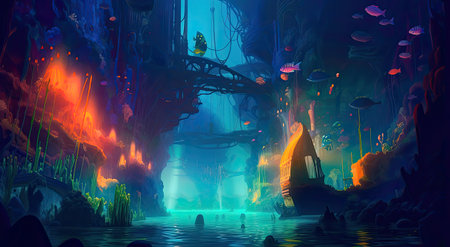 Concept illustration of an underwater cityscape filled with bioluminescent creatures. Fantasy, panoramic shot, deep in the ocean, mysterious atmosphere. Digital Illustration with vibrant and glowing colors. Generative Aの素材