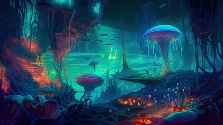 Concept illustration of an underwater cityscape filled with bioluminescent creatures. Fantasy, panoramic shot, deep in the ocean, mysterious atmosphere. Digital Illustration with vibrant and glowing colors. Generative Aの素材