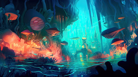 Concept illustration of an underwater cityscape filled with bioluminescent creatures. Fantasy, panoramic shot, deep in the ocean, mysterious atmosphere. Digital Illustration with vibrant and glowing colors. Generative Aの素材